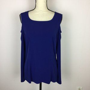 Like new! Simonton Says Blouse Top L Blue Knit Cold Shoulder Square Neck Stretch